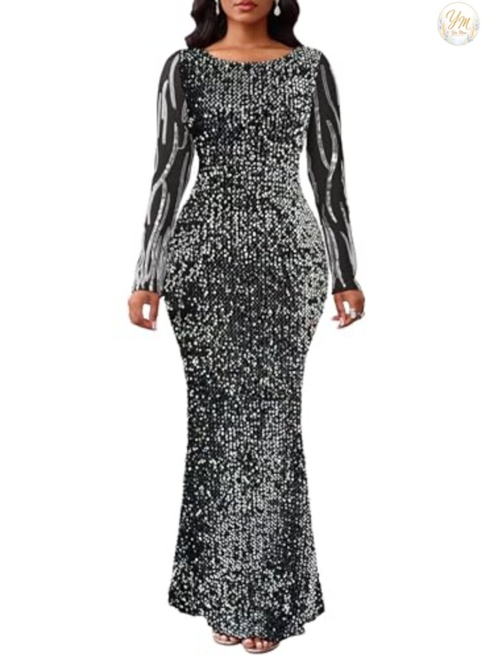 Sequins Bodycon Long Sleeve Mermaid Maxi Dress Cocktail Party